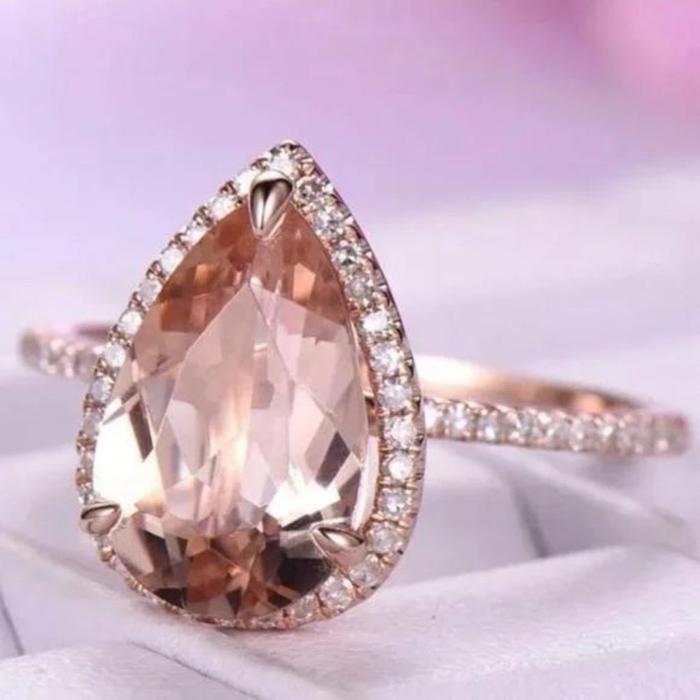 NEW 6 CARAT ROSE GOLD MORGANITE HALO RING, BEAUTIFUL RING, SHINY RING - Picture 6 of 7